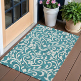 3' X 5' Teal Blue And Ivory Floral Washable Indoor Outdoor Area Rug