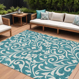 8' X 10' Teal Blue And Ivory Floral Washable Indoor Outdoor Area Rug
