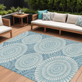 8' X 10' Teal Blue And Ivory Geometric Washable Indoor Outdoor Area Rug
