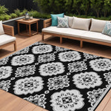 8' X 10' Black And Ivory Medallion Washable Indoor Outdoor Area Rug