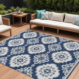 8' X 10' Navy Blue And Ivory Medallion Washable Indoor Outdoor Area Rug