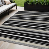 5' X 8' Black Ivory And Gray Striped Washable Indoor Outdoor Area Rug
