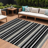 8' X 10' Black Ivory And Gray Striped Washable Indoor Outdoor Area Rug