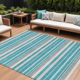 8' X 10' Teal Blue Gray And Ivory Striped Washable Indoor Outdoor Area Rug