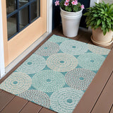 3' X 5' Teal Blue Beige And Gray Geometric Washable Indoor Outdoor Area Rug