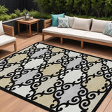 8' X 10' Black Gray And Ivory Trellis Washable Indoor Outdoor Area Rug