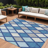 8' X 10' Navy Blue Sky Blue And Ivory Geometric Washable Indoor Outdoor Area Rug