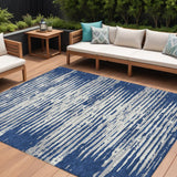 8' X 10' Navy Blue And Ivory Striped Washable Indoor Outdoor Area Rug