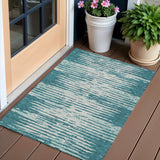 3' X 5' Teal Blue And Ivory Striped Washable Indoor Outdoor Area Rug