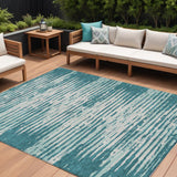 8' X 10' Teal Blue And Ivory Striped Washable Indoor Outdoor Area Rug