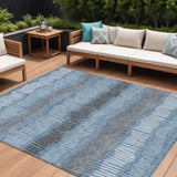 8' X 10' Blue Black And Gray Striped Washable Indoor Outdoor Area Rug