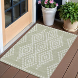 3' X 5' Artichoke Green And Ivory Geometric Washable Indoor Outdoor Area Rug