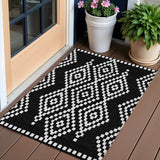 3' X 5' Black And Ivory Geometric Washable Indoor Outdoor Area Rug