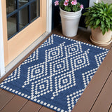 3' X 5' Navy Blue And Ivory Geometric Washable Indoor Outdoor Area Rug