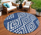 8' Navy Blue And Ivory Round Geometric Washable Indoor Outdoor Area Rug