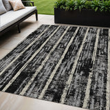 5' X 8' Black Gray And Ivory Striped Washable Indoor Outdoor Area Rug