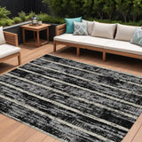 8' X 10' Black Gray And Ivory Striped Washable Indoor Outdoor Area Rug