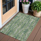 3' X 5' Green And Ivory Striped Washable Indoor Outdoor Area Rug