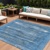 8' X 10' Blue And Ivory Striped Washable Indoor Outdoor Area Rug