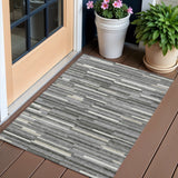 3' X 5' Gray And Ivory Striped Washable Indoor Outdoor Area Rug