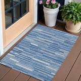 3' X 5' Sky Blue Gray And Ivory Striped Washable Indoor Outdoor Area Rug
