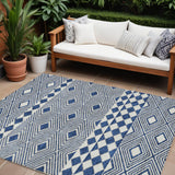 8' X 10' Navy Blue And Ivory Geometric Washable Indoor Outdoor Area Rug