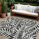 8' X 10' Black And Ivory Floral Washable Indoor Outdoor Area Rug