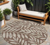 8' Brown And Beige Round Floral Washable Indoor Outdoor Area Rug