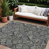 8' X 10' Black And Ivory Floral Washable Indoor Outdoor Area Rug