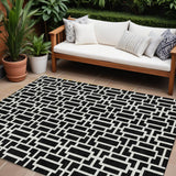 8' X 10' Black And Ivory Geometric Washable Indoor Outdoor Area Rug