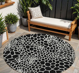 8' Black And Ivory Round Geometric Washable Indoor Outdoor Area Rug