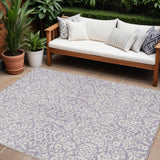 8' X 10' Lavender And Ivory Damask Washable Indoor Outdoor Area Rug