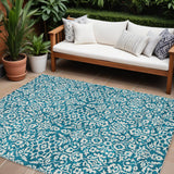 8' X 10' Teal Blue And Ivory Damask Washable Indoor Outdoor Area Rug