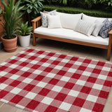 8' X 10' Red And Ivory Plaid Washable Indoor Outdoor Area Rug
