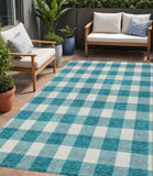 5' X 8' Teal Blue And Gray Plaid Washable Indoor Outdoor Area Rug