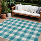 8' X 10' Teal Blue And Gray Plaid Washable Indoor Outdoor Area Rug