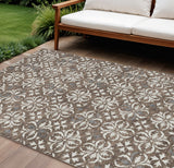 8' X 10' Brown Gray And Beige Floral Washable Indoor Outdoor Area Rug