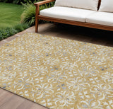 8' X 10' Gold Gray And Beige Floral Washable Indoor Outdoor Area Rug