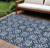 8' X 10' Navy Blue And Ivory Floral Washable Indoor Outdoor Area Rug