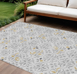 8' X 10' Silver Gray And Gold Floral Washable Indoor Outdoor Area Rug