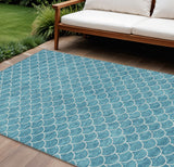 8' X 10' Teal Blue And Ivory Geometric Washable Indoor Outdoor Area Rug