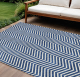 8' X 10' Blue And Ivory Chevron Washable Indoor Outdoor Area Rug