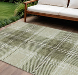 8' X 10' Artichoke Green Brown And Ivory Plaid Washable Indoor Outdoor Area Rug