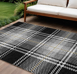 8' X 10' Black Gold And Gray Plaid Washable Indoor Outdoor Area Rug