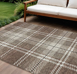 8' X 10' Brown Black And Ivory Plaid Washable Indoor Outdoor Area Rug
