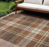 8' X 10' Chocolate Copper And Gold Plaid Washable Indoor Outdoor Area Rug