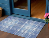 3' X 5' Denim Blue And Ivory Plaid Washable Indoor Outdoor Area Rug