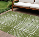 8' X 10' Green Black And Ivory Plaid Washable Indoor Outdoor Area Rug