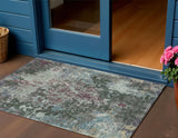 3' X 5' Fern Green And Purple Damask Washable Indoor Outdoor Area Rug