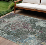 8' X 10' Fern Green And Purple Damask Washable Indoor Outdoor Area Rug